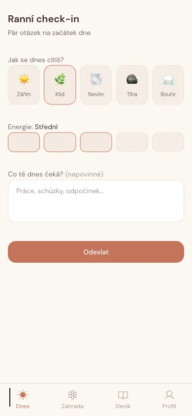Ranní check-in — výběr nálady a energie